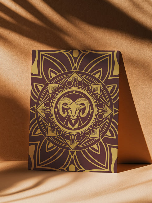 Luxurious burgundy and gold Art Deco birthday card featuring stylized Ram design with geometric patterns. Contains Aries fire ritual. Perfect for astrology enthusiasts who appreciate bold, sophisticated artwork.
